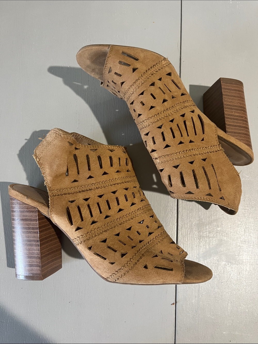 Merona Tan Suede Cutout Block Heel Mules